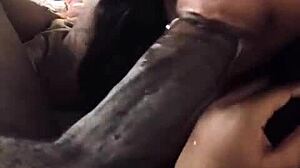 Fata neagră amatoare face o muie adâncă unui penis negru mare