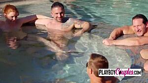 Amatör çift, eğlence ve oyunlar için swingerlarla havuz partisine katılıyor