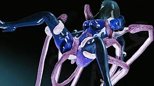 Skyrim-karaktär med tentakler knullar tjej i PVC-stövlar och skor
